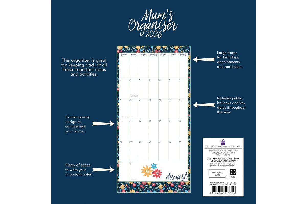 2026 Calendar Mum's Organiser Square Wall, The Gifted Stationery