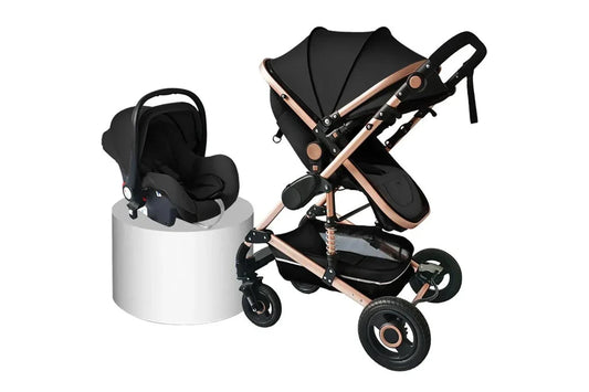 Baby Pram - 3 in 1 Pram Bassinet with Push Chair Set - BLACK