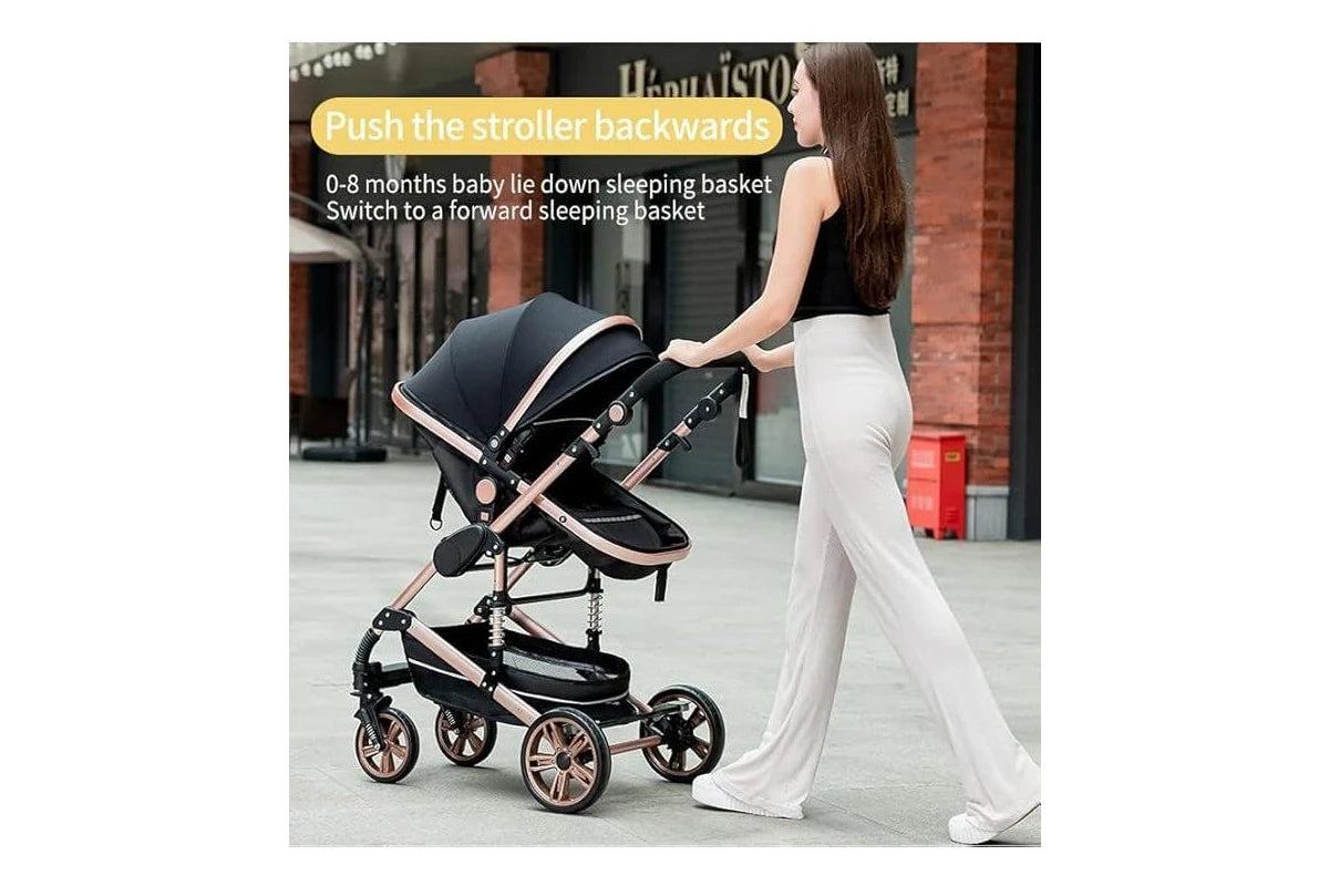 Baby Pram - 3 in 1 Pram Bassinet with Push Chair Set - BLACK