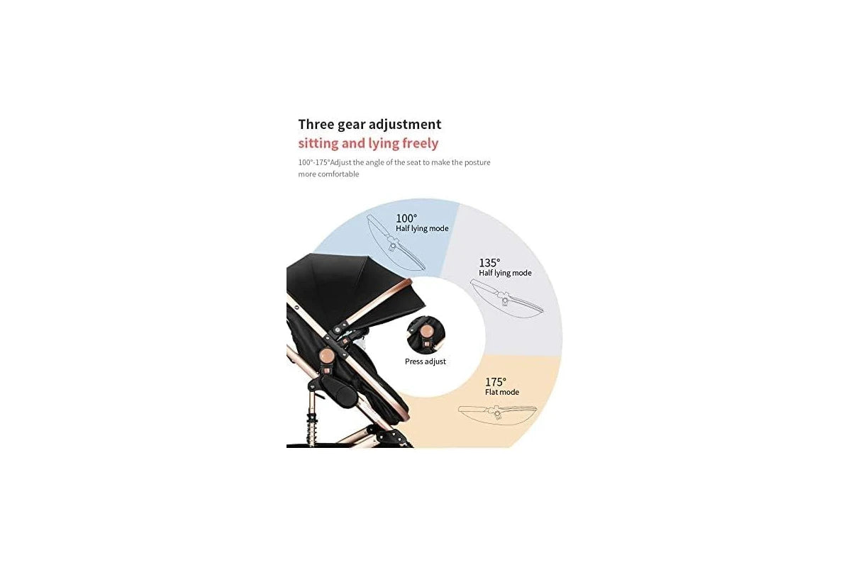Baby Pram - 3 in 1 Pram Bassinet with Push Chair Set - BLACK