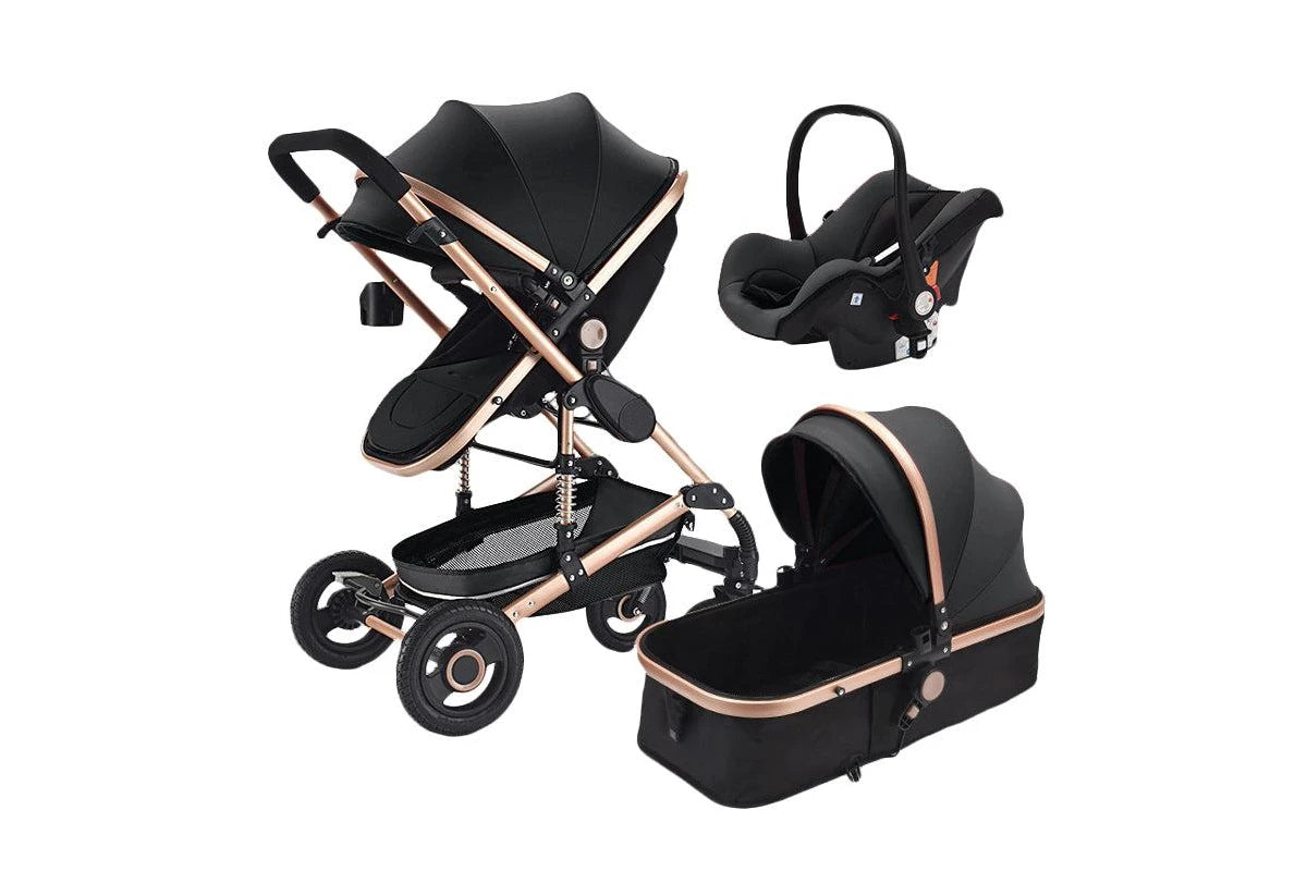 Baby Pram - 3 in 1 Pram Bassinet with Push Chair Set - BLACK