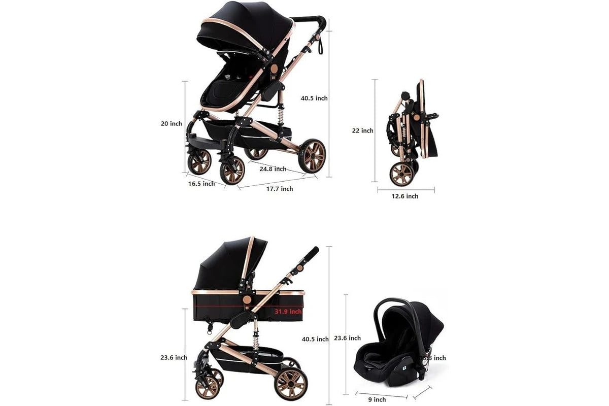 Baby Pram - 3 in 1 Pram Bassinet with Push Chair Set - BLACK
