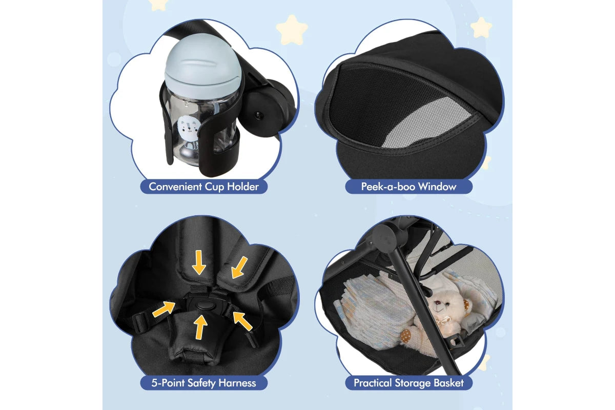 Costway 2in1 Convertible Pram Portable Folding Stroller Lightweight Stroller w/Storage Bag Black