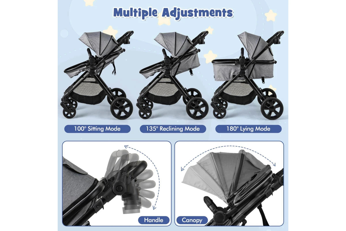 Costway 2in1 Convertible Pram Portable Folding Stroller Lightweight Stroller w/Storage Bag Grey