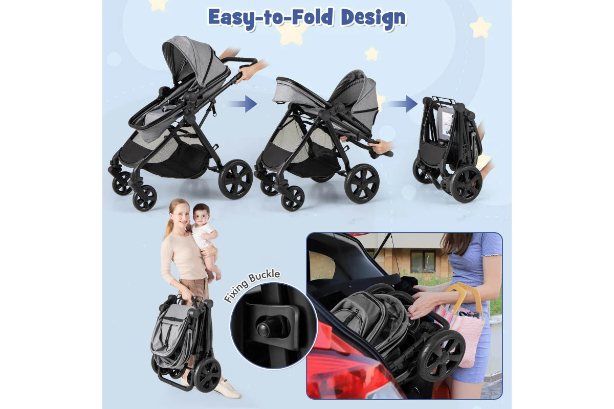 Costway 2in1 Convertible Pram Portable Folding Stroller Lightweight Stroller w/Storage Bag Grey