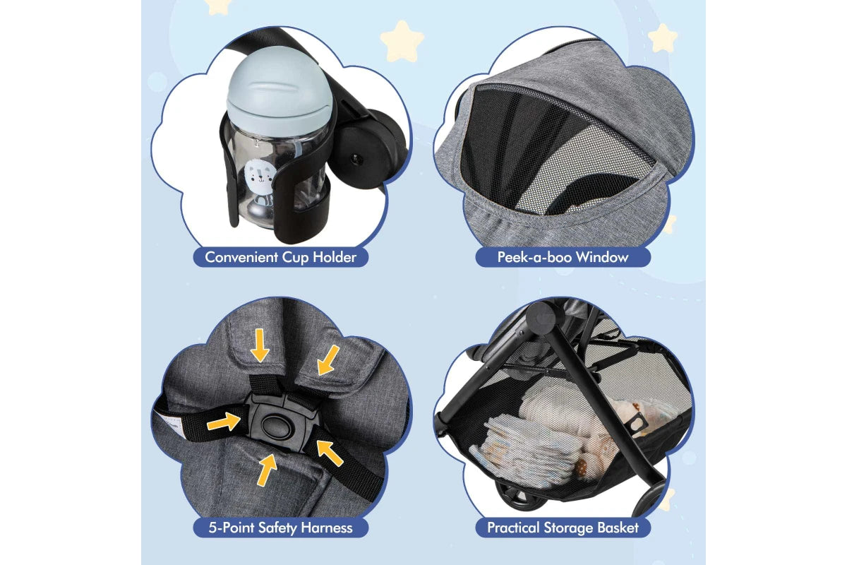 Costway 2in1 Convertible Pram Portable Folding Stroller Lightweight Stroller w/Storage Bag Grey
