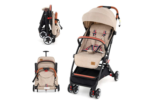Costway Folding Stroller & Pushchair Pram w/Adjustable Backrest & Footrest & 5-Point Harness Beige