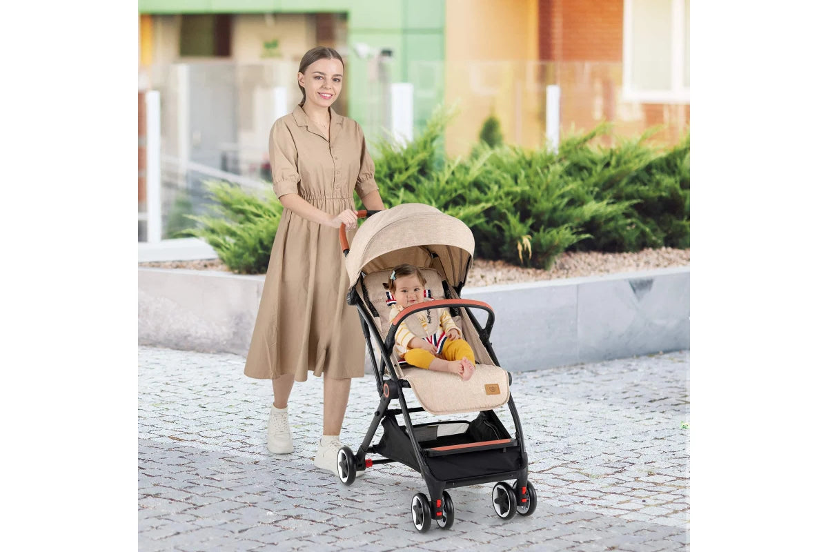 Costway Folding Stroller & Pushchair Pram w/Adjustable Backrest & Footrest & 5-Point Harness Beige