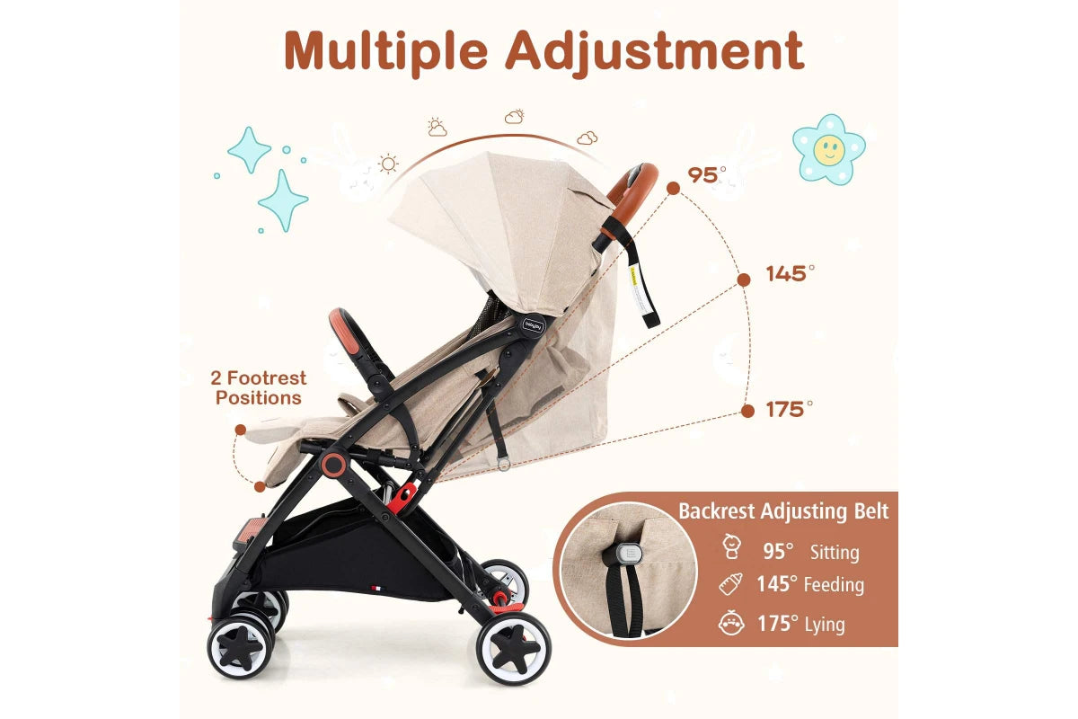 Costway Folding Stroller & Pushchair Pram w/Adjustable Backrest & Footrest & 5-Point Harness Beige