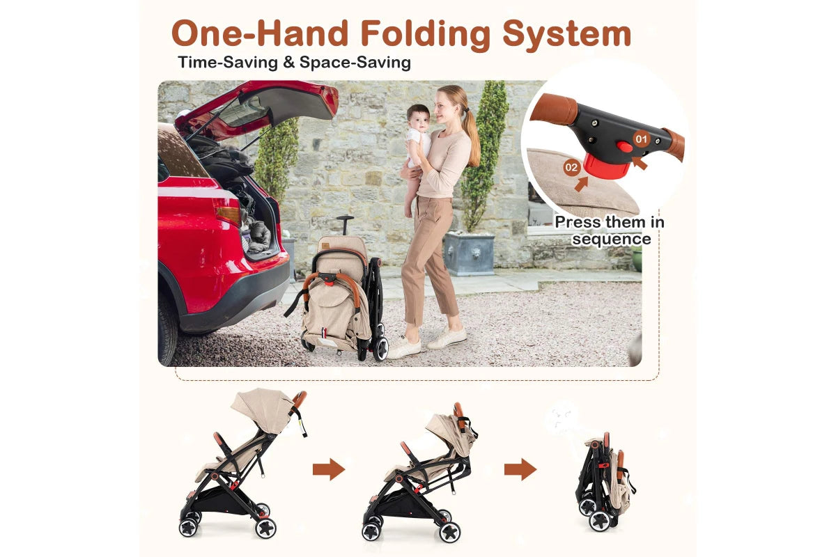 Costway Folding Stroller & Pushchair Pram w/Adjustable Backrest & Footrest & 5-Point Harness Beige