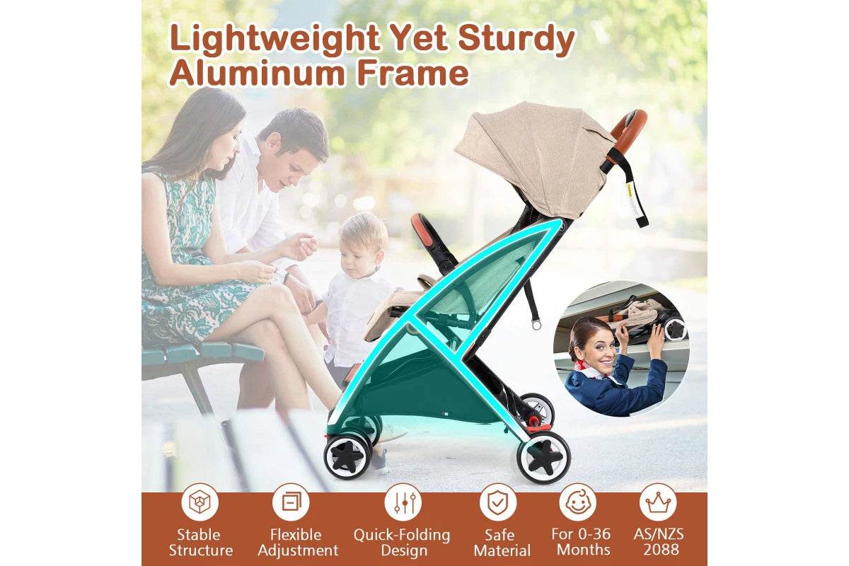 Costway Folding Stroller & Pushchair Pram w/Adjustable Backrest & Footrest & 5-Point Harness Beige