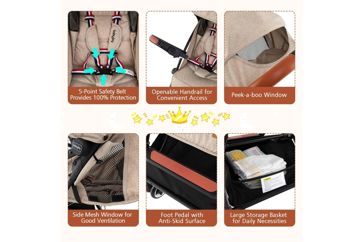Costway Folding Stroller & Pushchair Pram w/Adjustable Backrest & Footrest & 5-Point Harness Beige