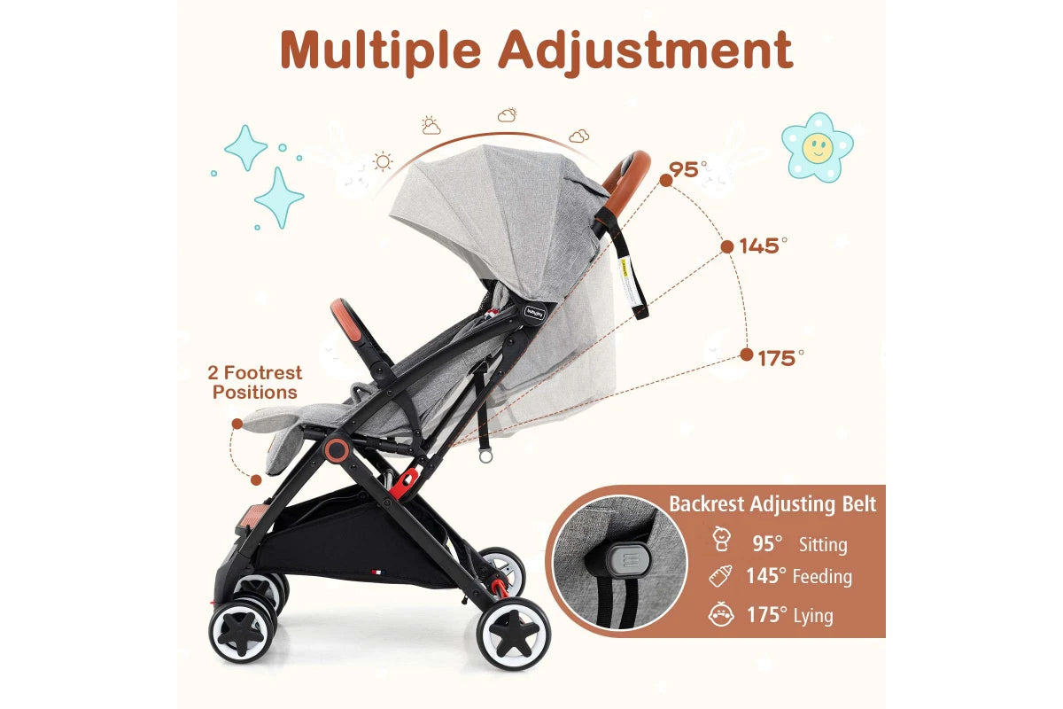 Costway Folding Stroller & Pushchair Pram w/Adjustable Backrest & Footrest & 5-Point Harness Grey