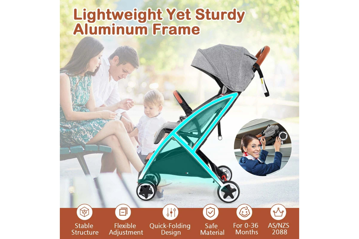 Costway Folding Stroller & Pushchair Pram w/Adjustable Backrest & Footrest & 5-Point Harness Grey
