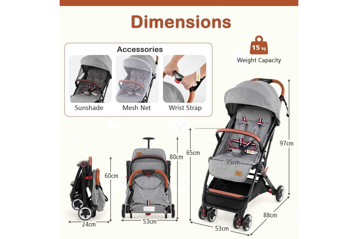 Costway Folding Stroller & Pushchair Pram w/Adjustable Backrest & Footrest & 5-Point Harness Grey
