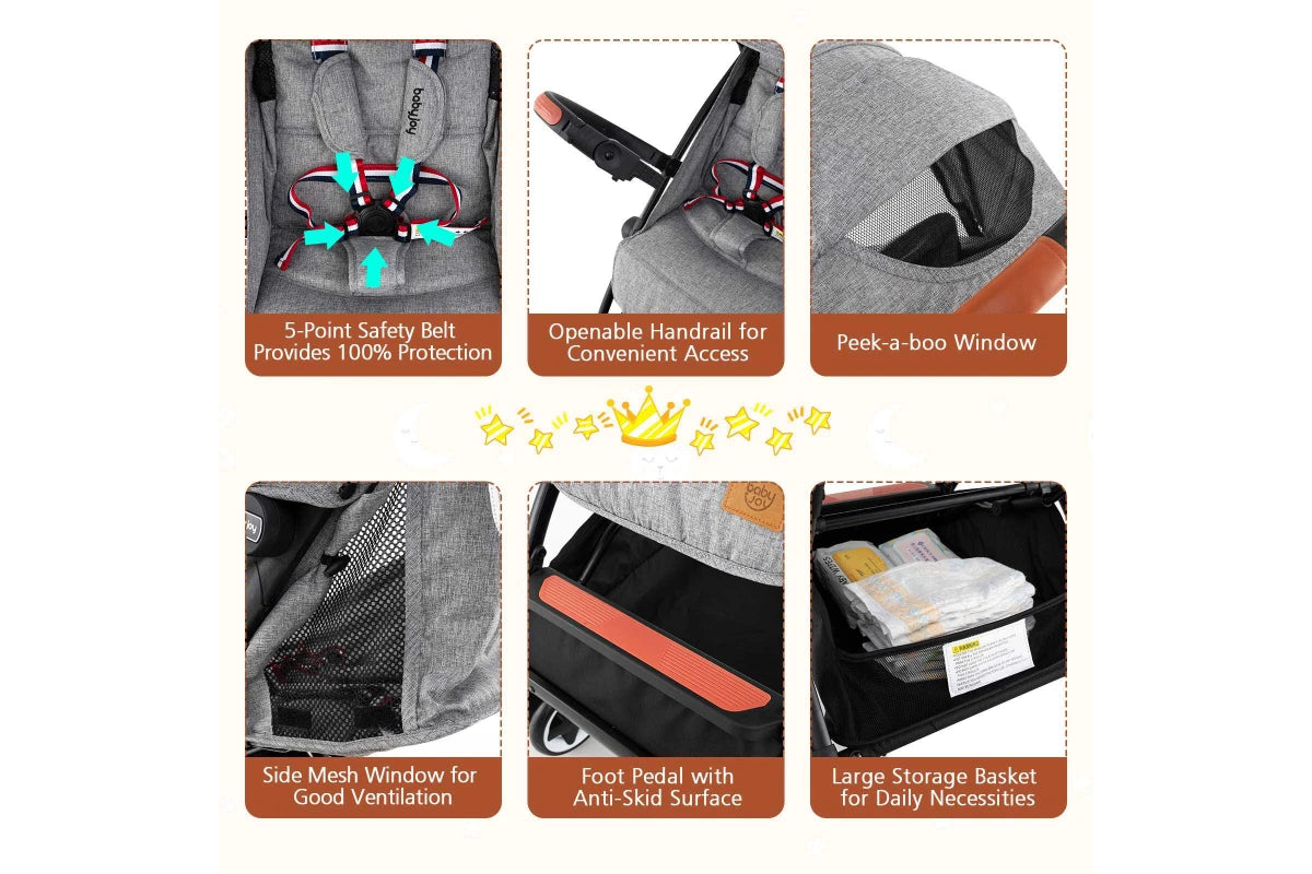 Costway Folding Stroller & Pushchair Pram w/Adjustable Backrest & Footrest & 5-Point Harness Grey