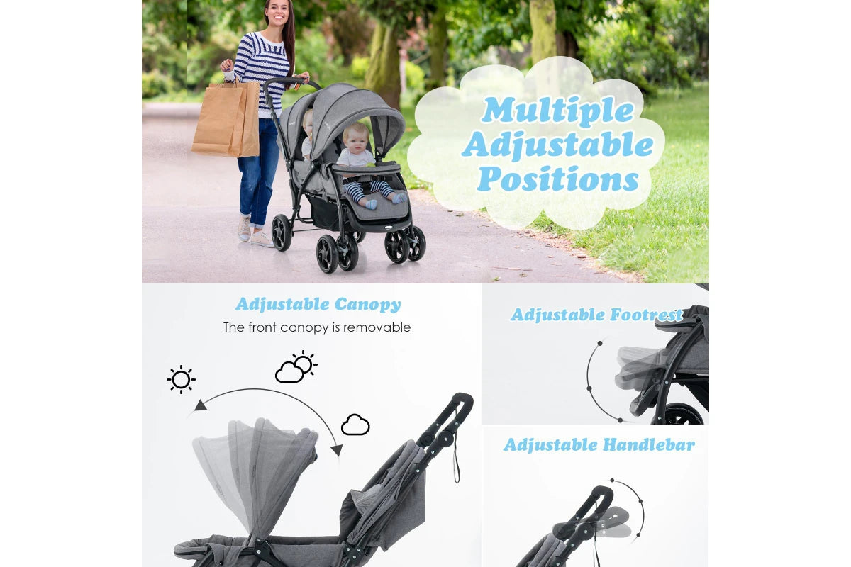Costway Stroller Tandem Twin Pram Travel Pushchair w/Adjustable Canopy & Footrest & 5-Point Harness & Storage Basket