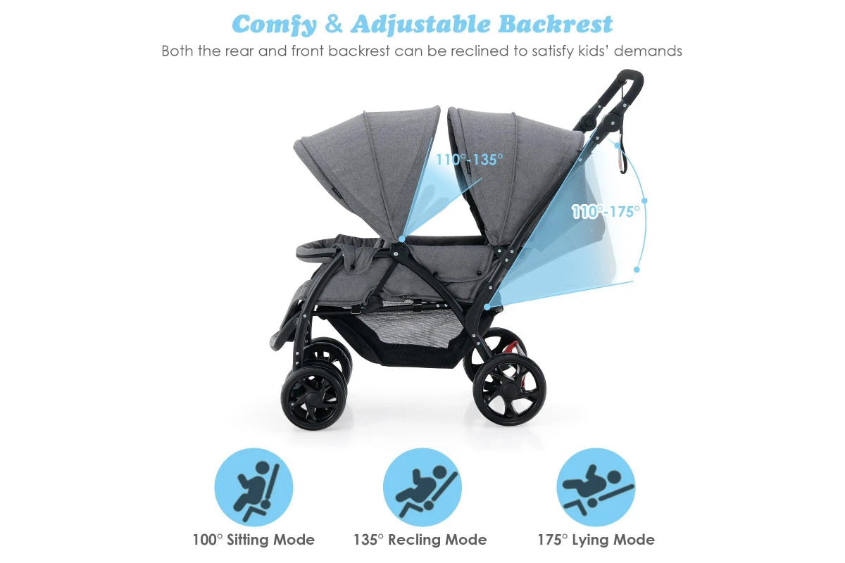 Costway Stroller Tandem Twin Pram Travel Pushchair w/Adjustable Canopy & Footrest & 5-Point Harness & Storage Basket