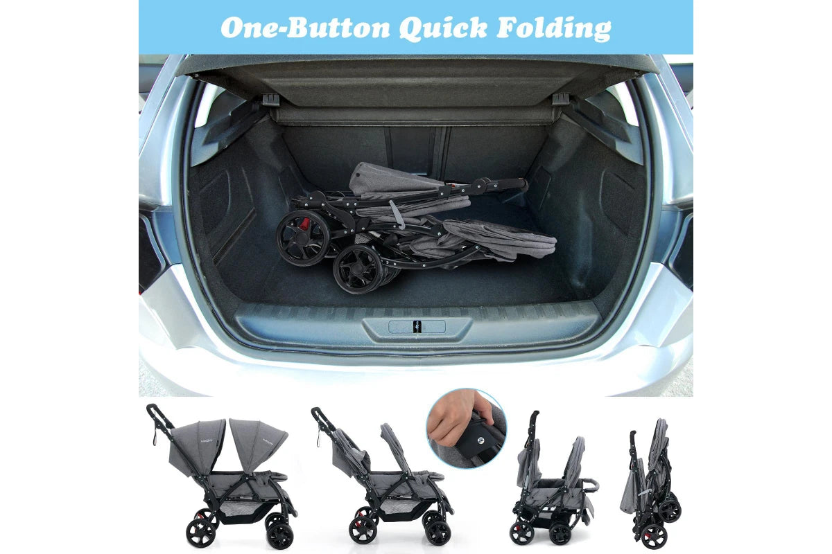 Costway Stroller Tandem Twin Pram Travel Pushchair w/Adjustable Canopy & Footrest & 5-Point Harness & Storage Basket