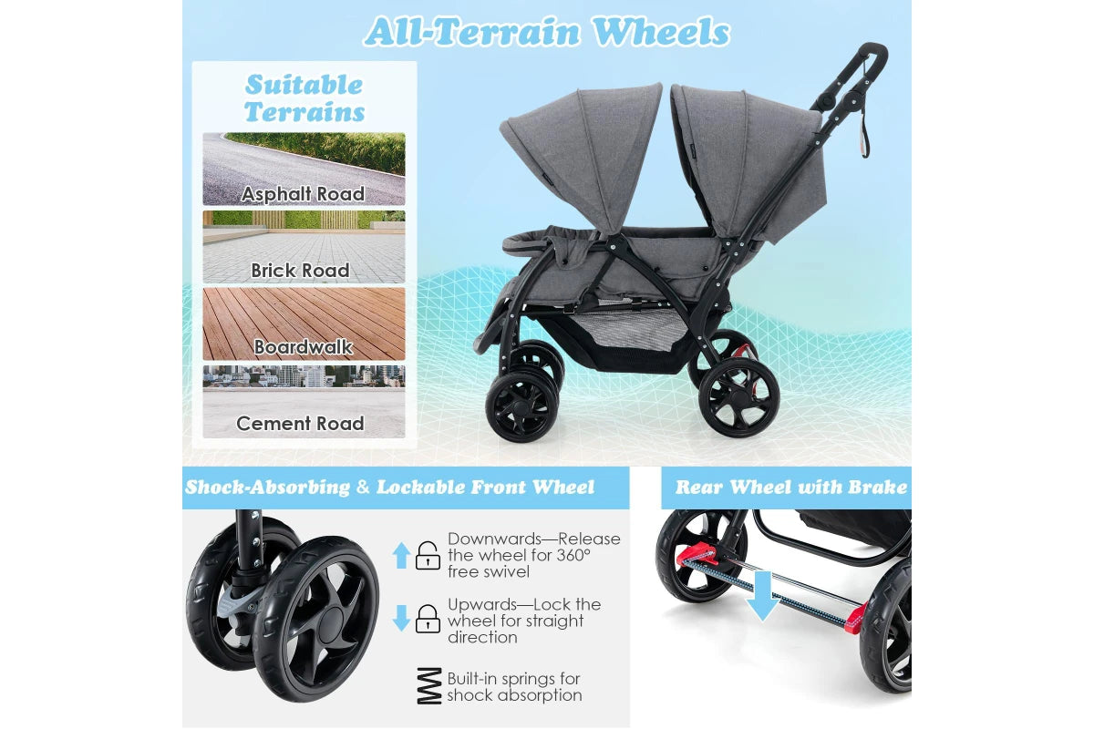 Costway Stroller Tandem Twin Pram Travel Pushchair w/Adjustable Canopy & Footrest & 5-Point Harness & Storage Basket
