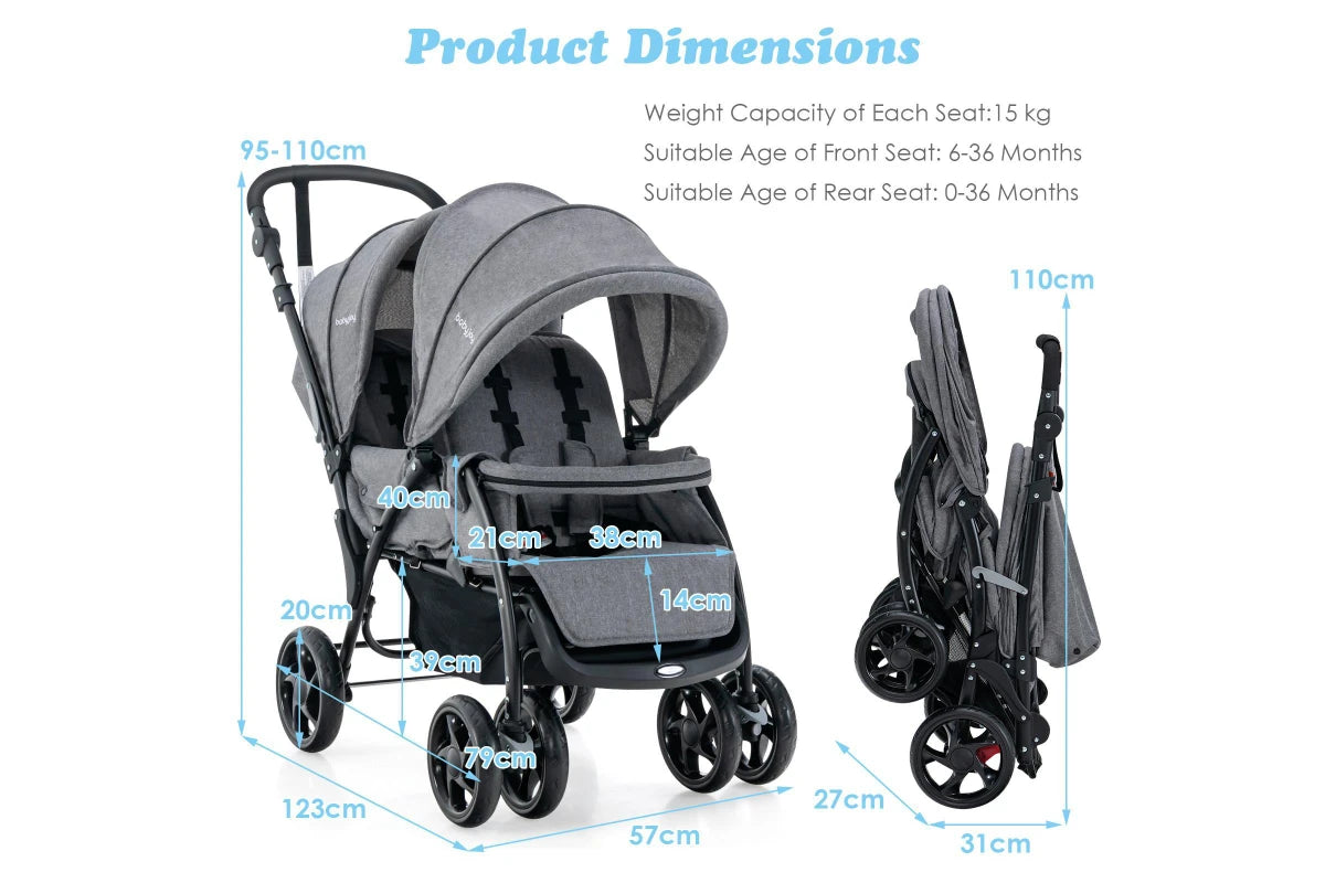 Costway Stroller Tandem Twin Pram Travel Pushchair w/Adjustable Canopy & Footrest & 5-Point Harness & Storage Basket