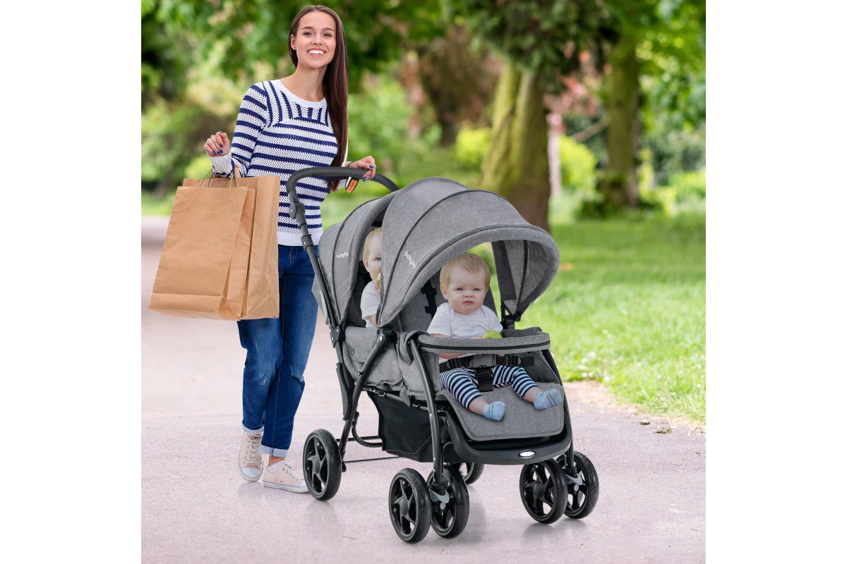Costway Stroller Tandem Twin Pram Travel Pushchair w/Adjustable Canopy & Footrest & 5-Point Harness & Storage Basket