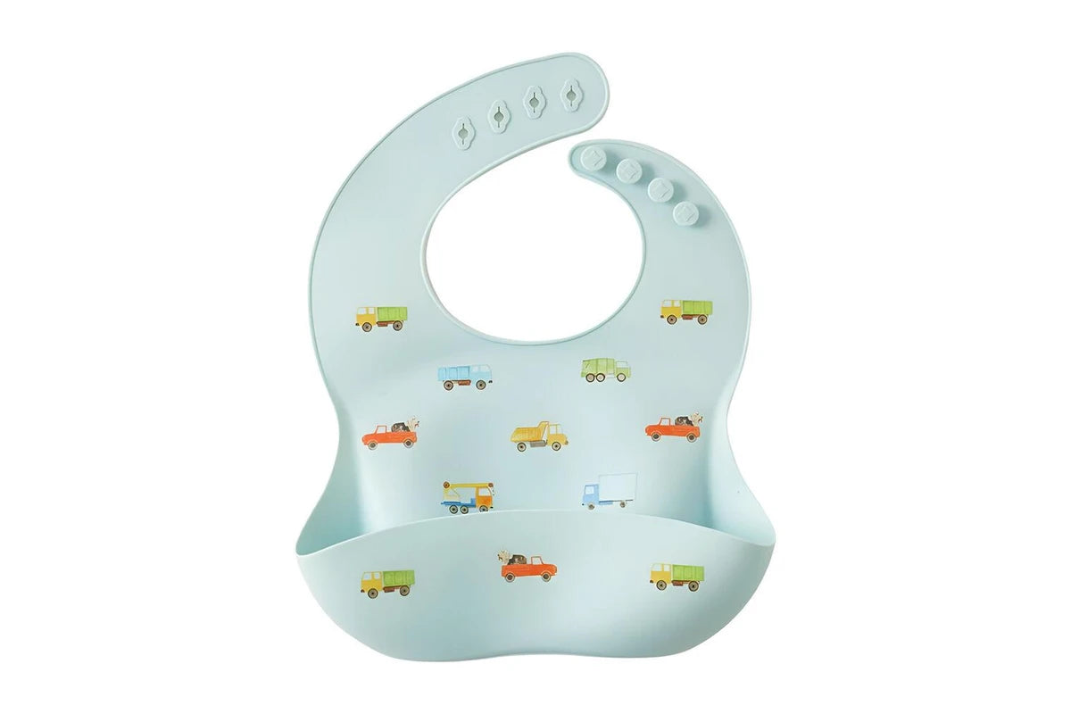 Jiggle & Giggle Trucking Along Silicone Bib Baby/Toddler Dinnerware Blue