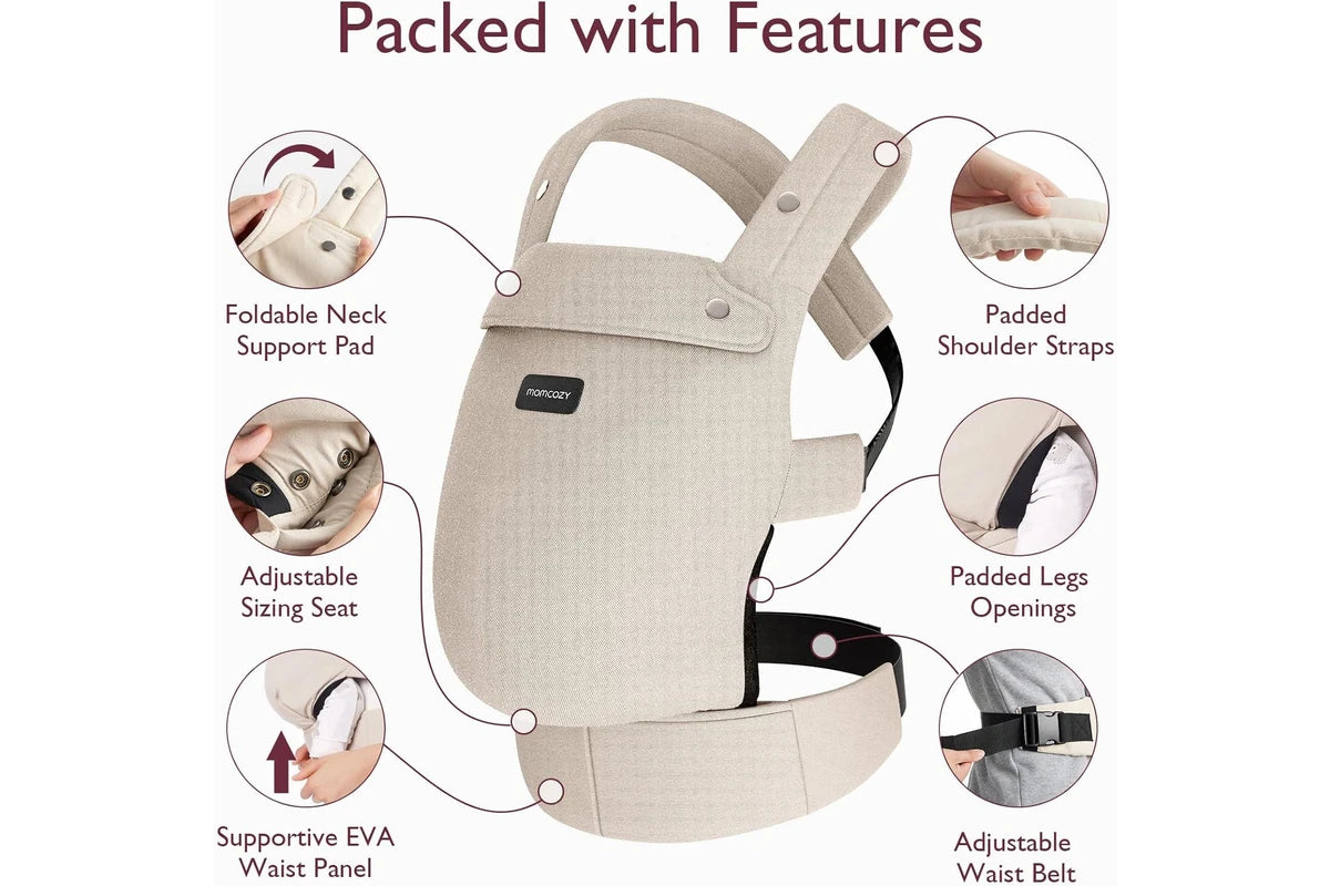 Momcozy Khaki Cotton 3 in 1 Lumbar Support Handsfree Baby Carrier 3-24Months NEW