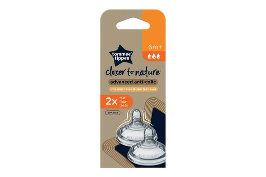 Tommee Tippee Advanced Anti-Colic Baby Bottle Teats, Breast-like, Soft Silicone, Fast Flow, 6m+, 2 Pack