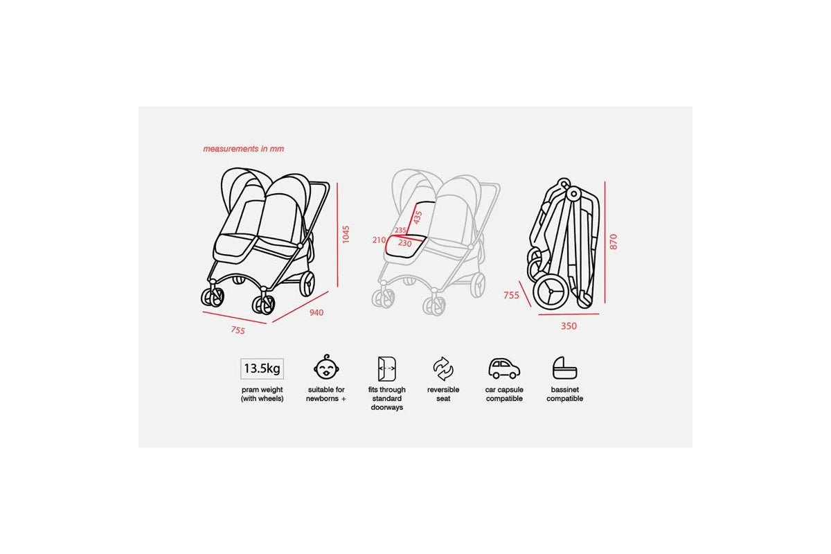 Valco Baby Snap Ultra Duo Foldable Pram Adjustable Seat Newborn Twin Coal Black
