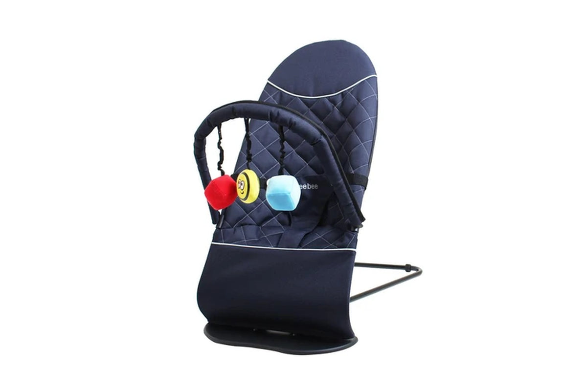 Vee Bee Baby Bouncer With Removable Toy Bar Navy Cushioned Seat 3-Point Harness
