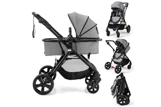 Costway 2in1 Convertible Pram Portable Folding Stroller Lightweight Stroller w/Storage Bag Grey