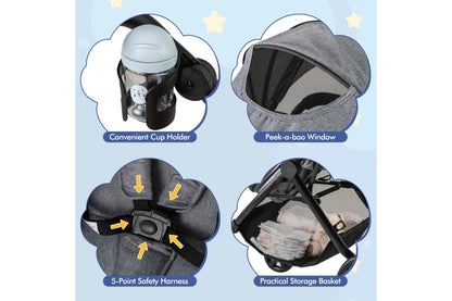 Costway 2in1 Convertible Pram Portable Folding Stroller Lightweight Stroller w/Storage Bag Grey