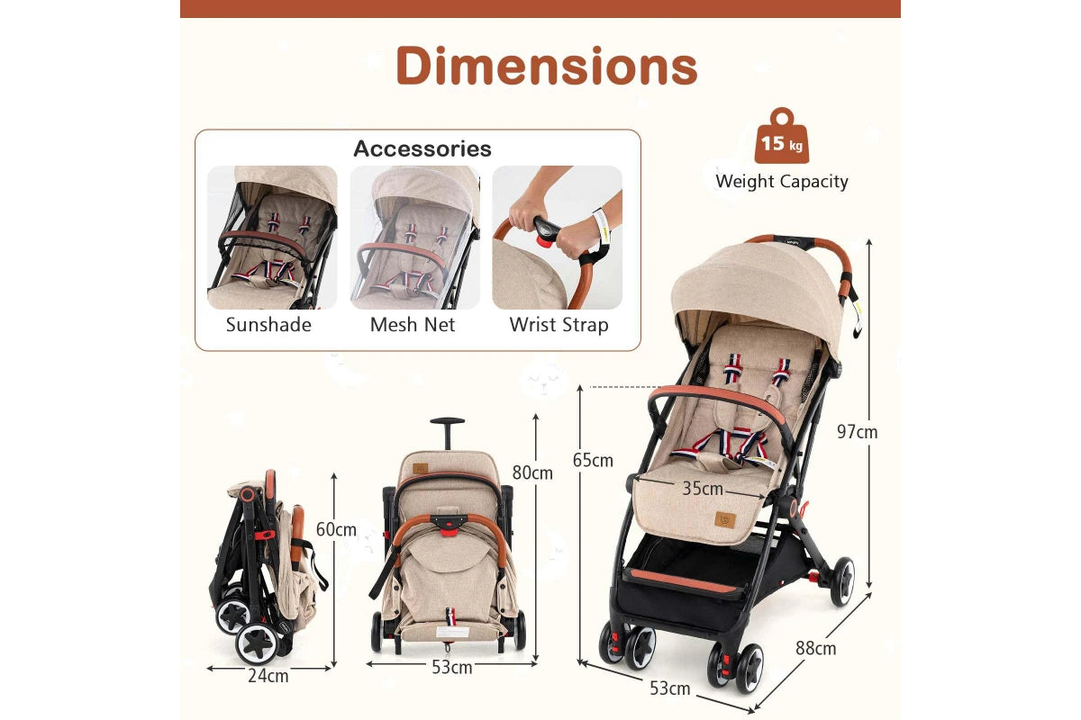 Costway Folding Stroller & Pushchair Pram w/Adjustable Backrest & Footrest & 5-Point Harness Beige