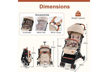 Costway Folding Stroller & Pushchair Pram w/Adjustable Backrest & Footrest & 5-Point Harness Beige