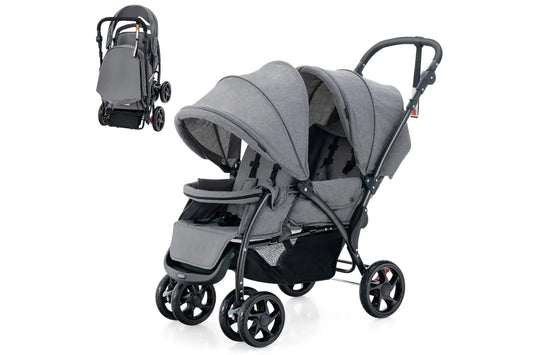 Costway Stroller Tandem Twin Pram Travel Pushchair w/Adjustable Canopy & Footrest & 5-Point Harness & Storage Basket