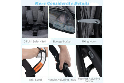 Costway Stroller Tandem Twin Pram Travel Pushchair w/Adjustable Canopy & Footrest & 5-Point Harness & Storage Basket