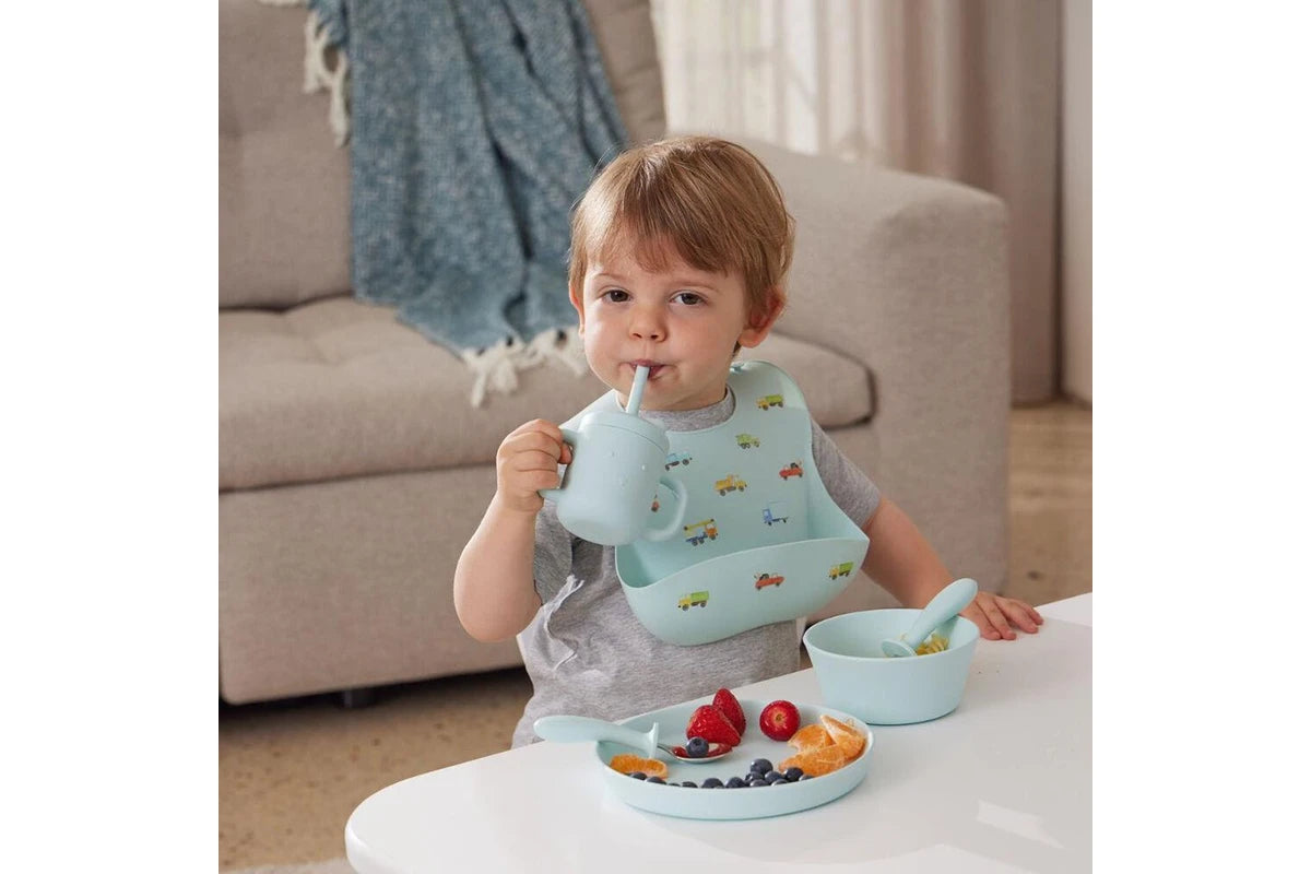 Jiggle & Giggle Trucking Along Silicone Bib Baby/Toddler Dinnerware Blue