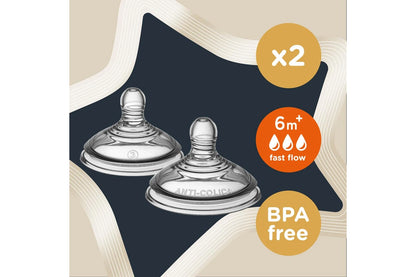 Tommee Tippee Advanced Anti-Colic Baby Bottle Teats, Breast-like, Soft Silicone, Fast Flow, 6m+, 2 Pack