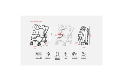 Valco Baby Snap Ultra Duo Foldable Pram Adjustable Seat Newborn Twin Coal Black